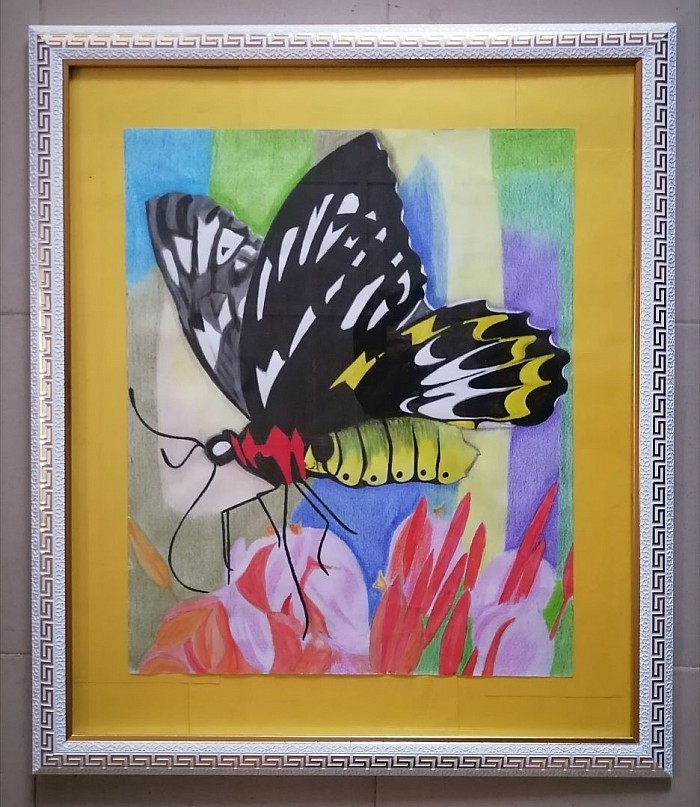 Interior Wall Decoration, Framed Acrylic and Crayon Drawing, 26 by 31 inches